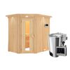 Eck-Sauna aus hellem Holz mit Saunaofen