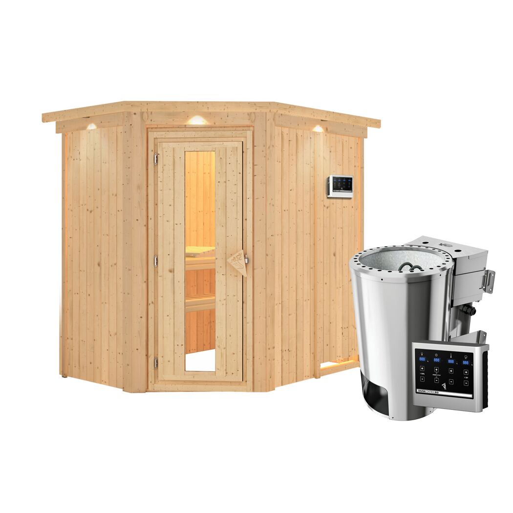Eck-Sauna aus hellem Holz mit Saunaofen