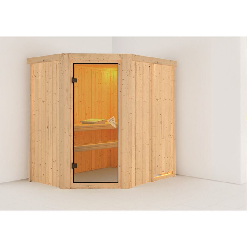 Eck-Sauna aus hellem Holz mit geöffneter Tür.