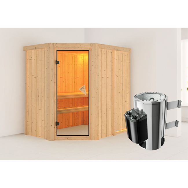Bild von Elementsauna 'Carlota' naturbelassen mit bronzierter Tür 3,6 kW Ofen integrierte Steuerung 151 x 196 x 198 cm