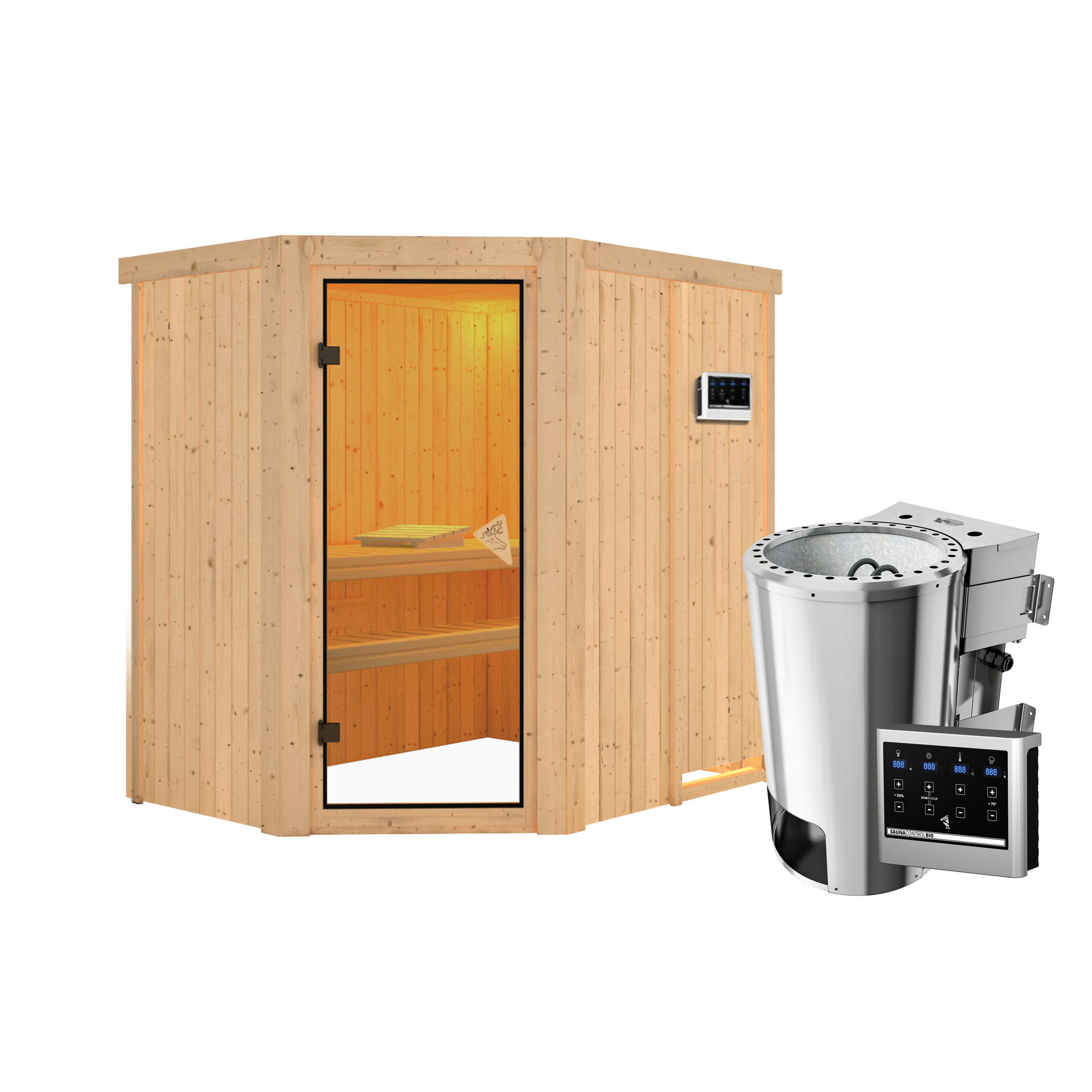 Elementsauna 'Carlota' naturbelassen mit bronzierter Tür 3,6 kW Bio-Ofen externe Steuerung Easy 151 x 196 x 198 cm
