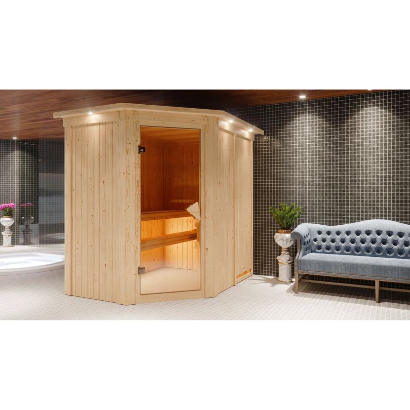 Elementsauna 'Carlota' naturbelassen mit Kranz und bronzierter Tür 165 x 210 x 202 cm
