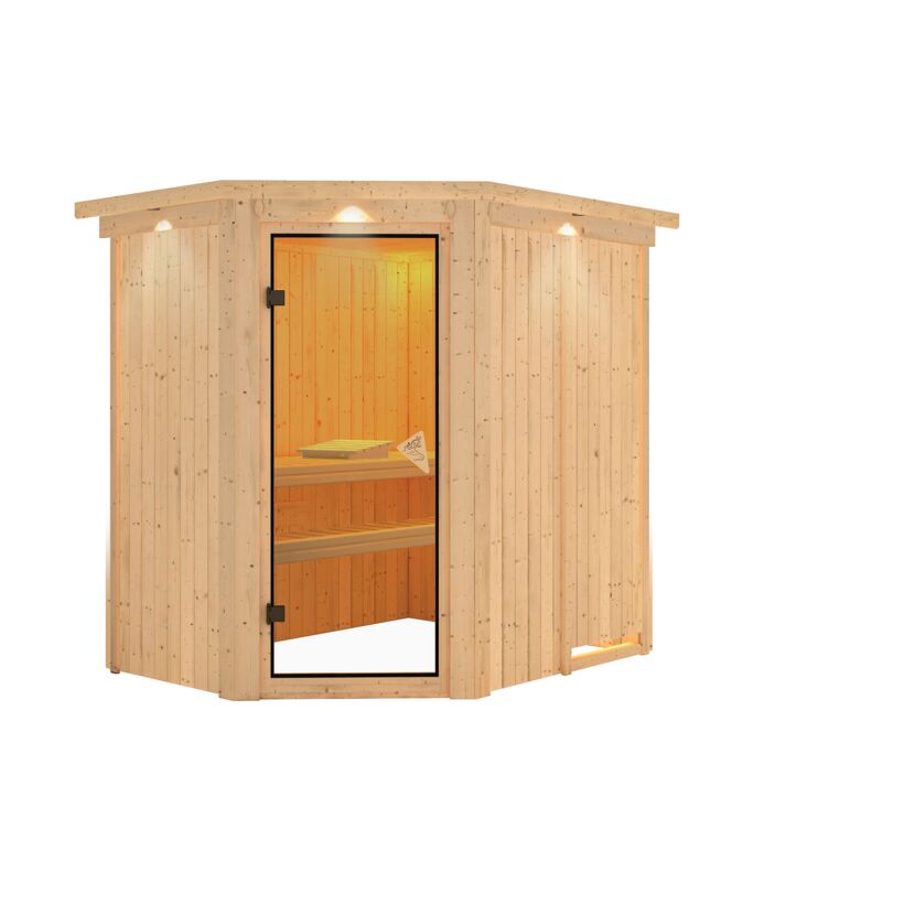 Elementsauna 'Carlota' naturbelassen mit Kranz und bronzierter Tür 165 x 210 x 202 cm