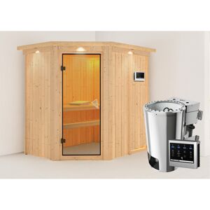 Elementsauna 'Carlota' naturbelassen mit Kranz und bronzierter Tür mit 3,6 kW Bio-Ofen externe Steuerung Easy 165 x 210 x 202 cm