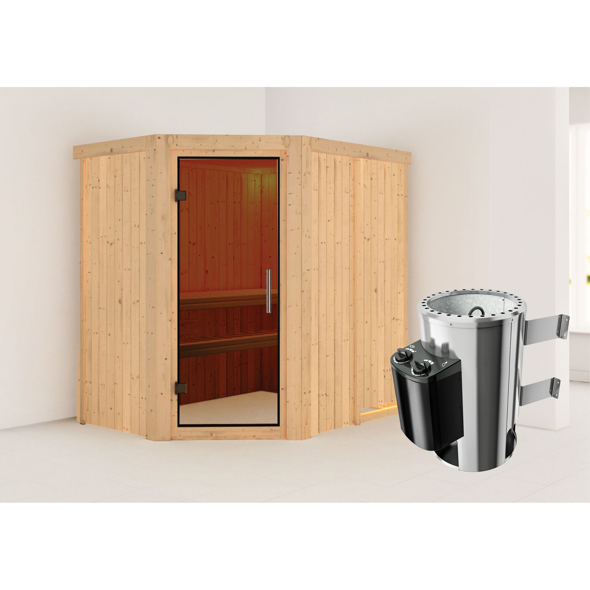 Eck-Sauna aus Holz mit Saunaofen