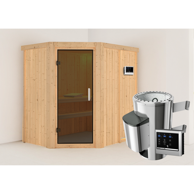 Bild von Elementsauna 'Carlota' naturbelassen mit graphitfarbener Tür 3,6 kW Ofen externe Steuerung Easy 151 x 196 x 198 cm