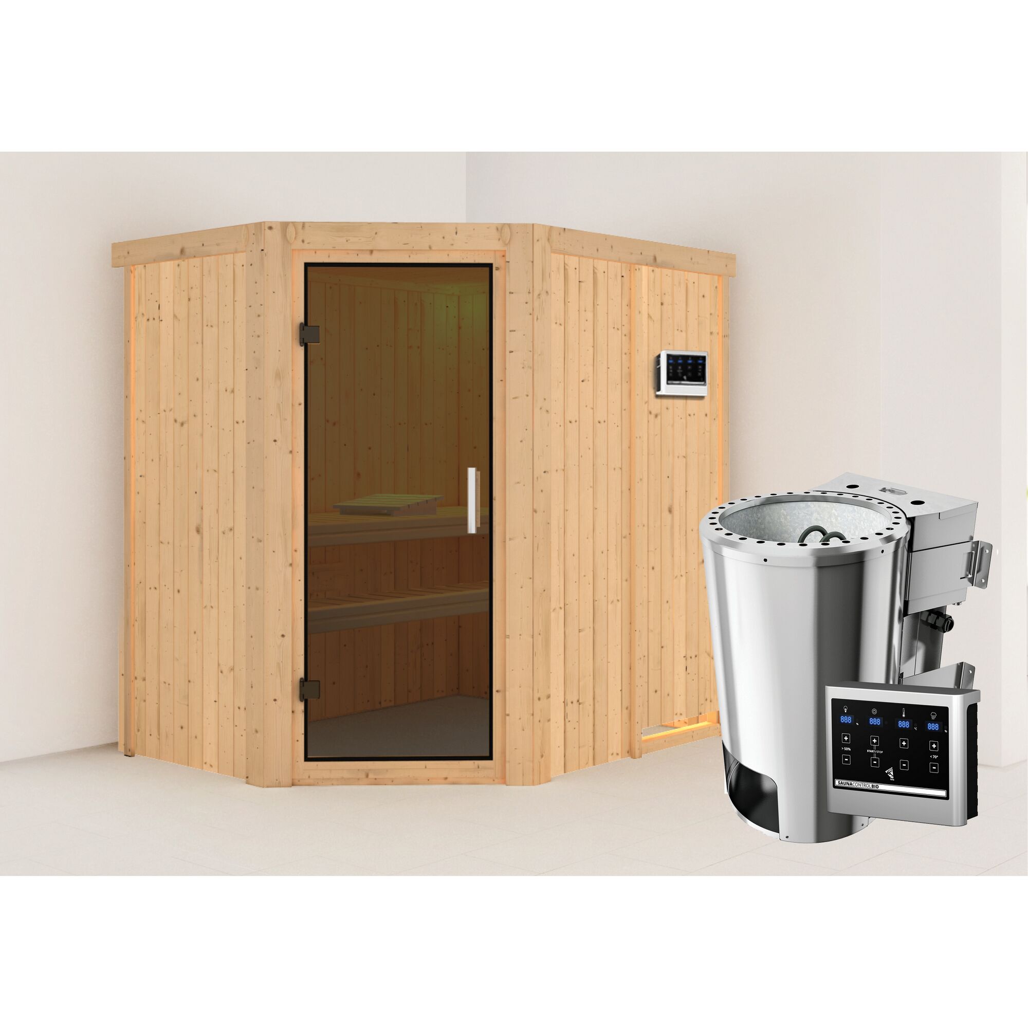 Eck-Sauna aus Holz mit Saunaofen
