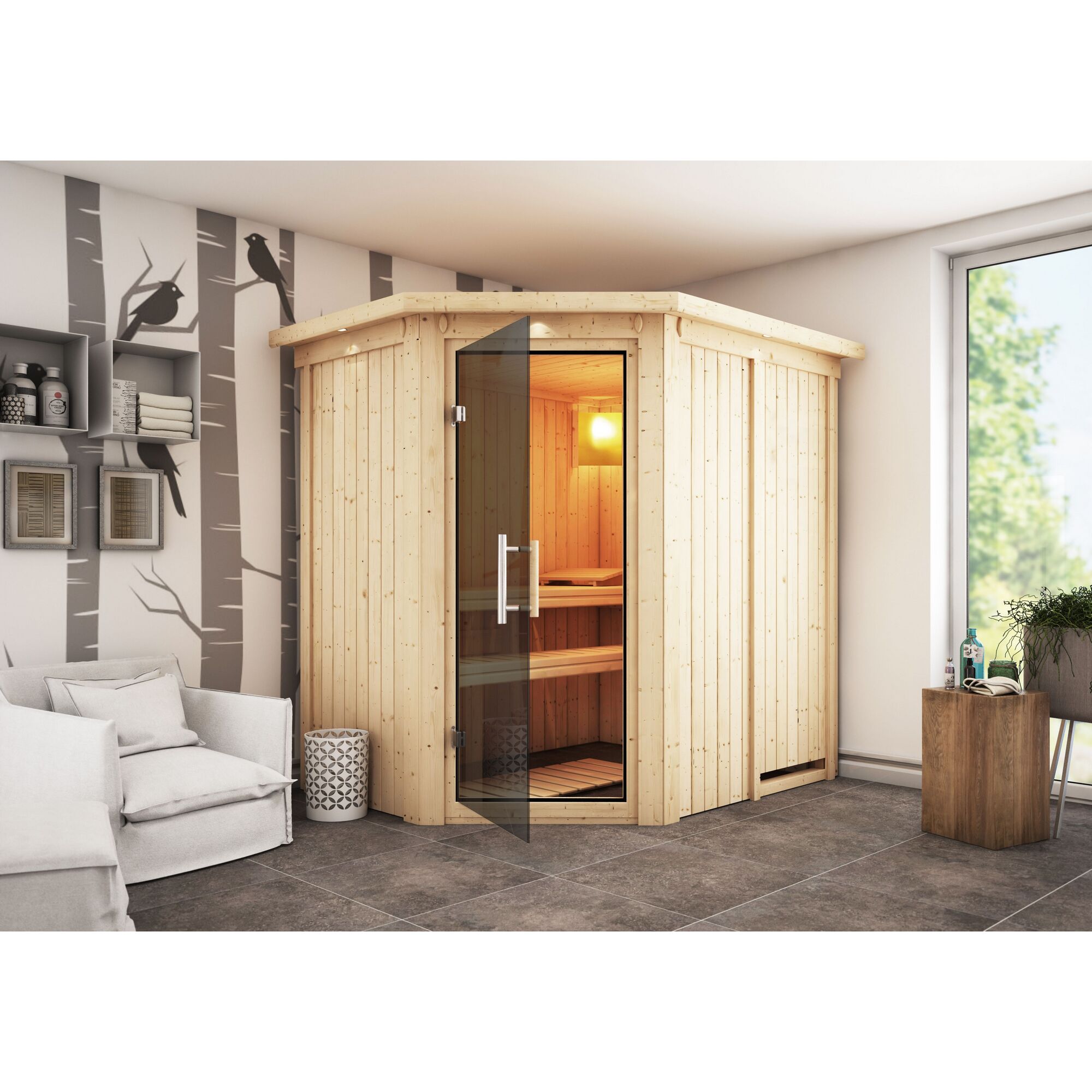 Eck-Sauna aus Holz mit geöffneter Tür