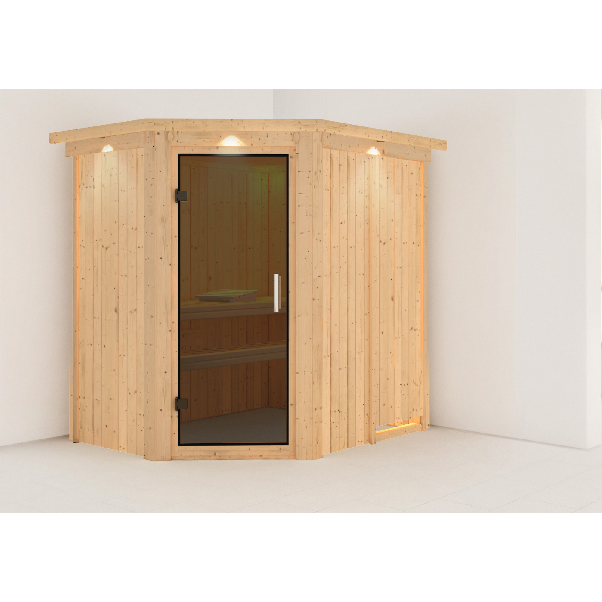 Eck-Sauna Carlota aus hellem Holz mit Glastür