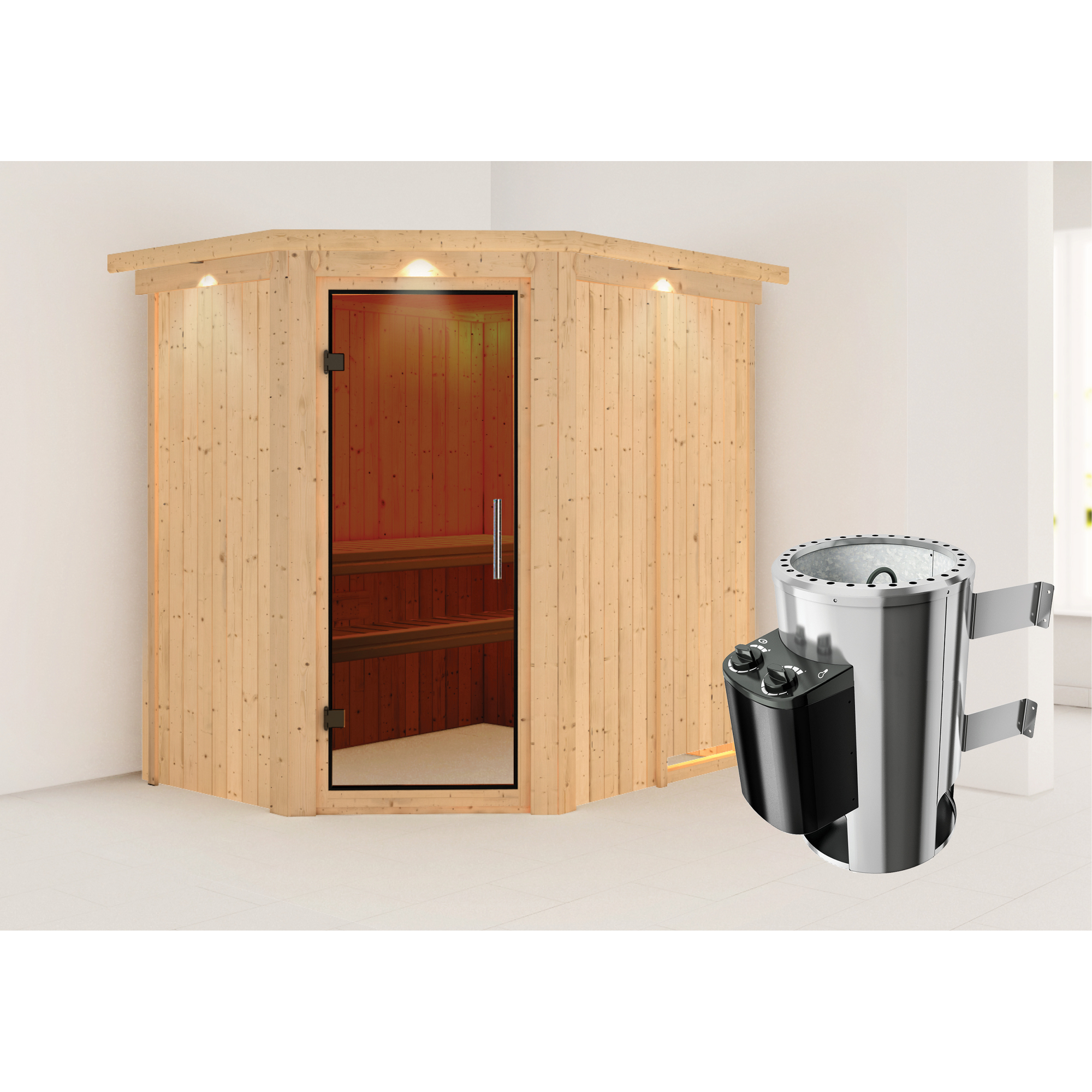 Elementsauna 'Carlota' naturbelassen mit Kranz und graphitfarbener Tür 3,6 kW Ofen integrierte Steuerung 165 x 210 x 202 cm + product picture