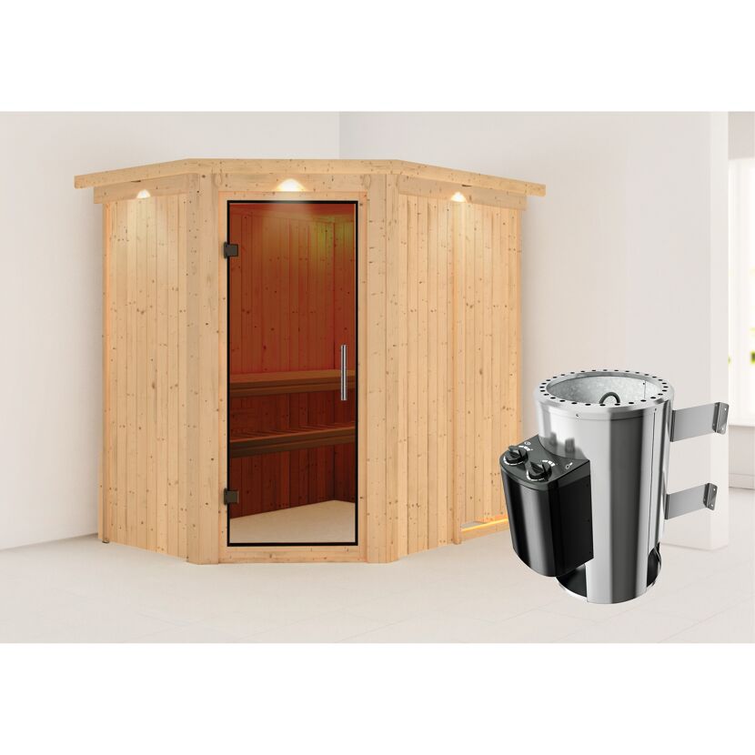 Eck-Sauna aus Holz mit Saunaofen