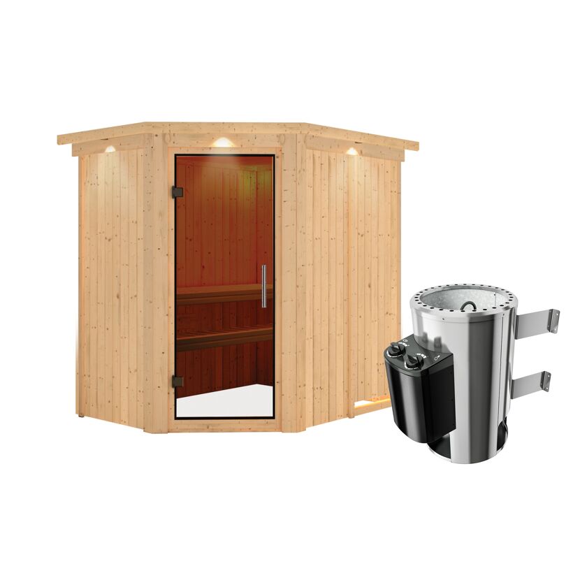 Ecksauna aus Holz mit Saunaofen