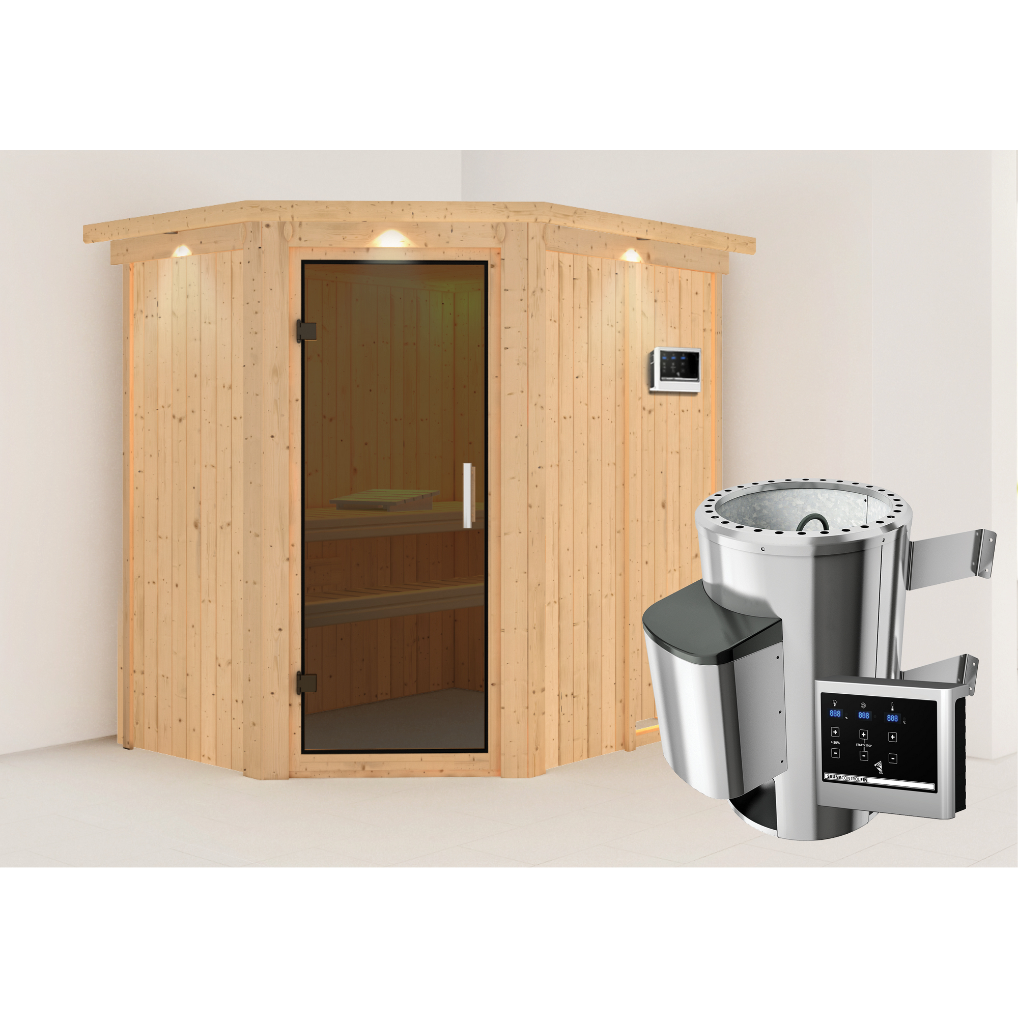 Elementsauna 'Carlota' naturbelassen mit Kranz und graphitfarbener Tür 3,6 kW Ofen externe Steuerung Easy 165 x 210 x 202 cm + product picture