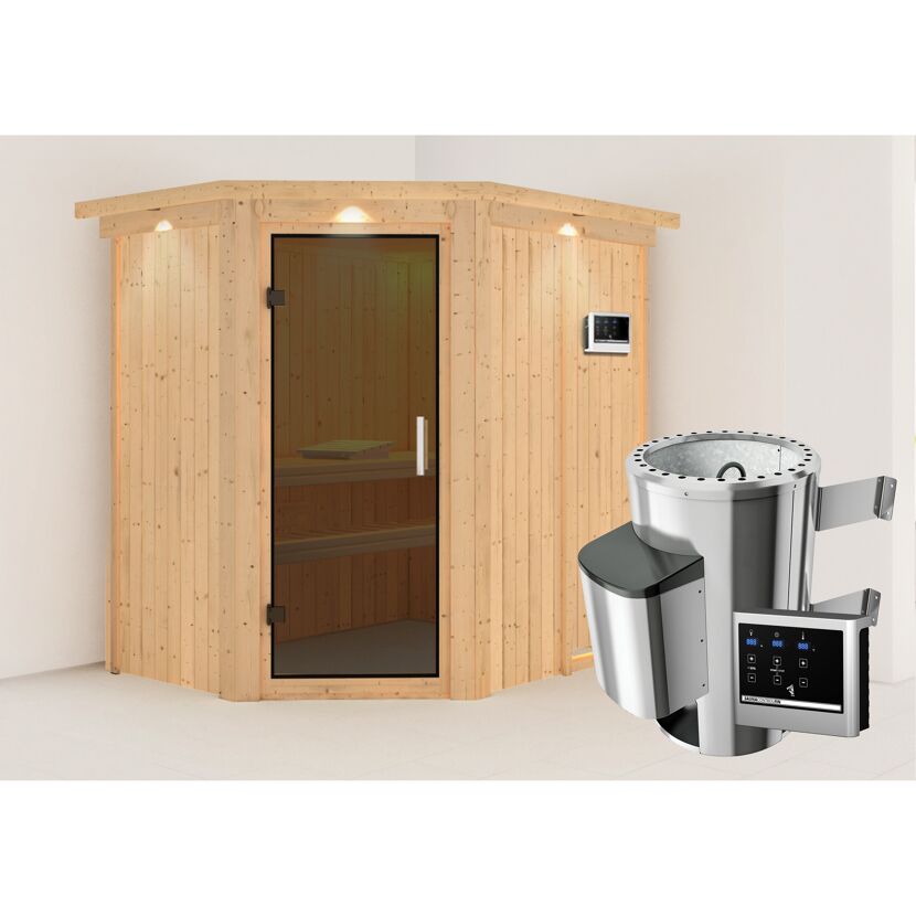 Eck-Sauna aus Holz mit Saunaofen