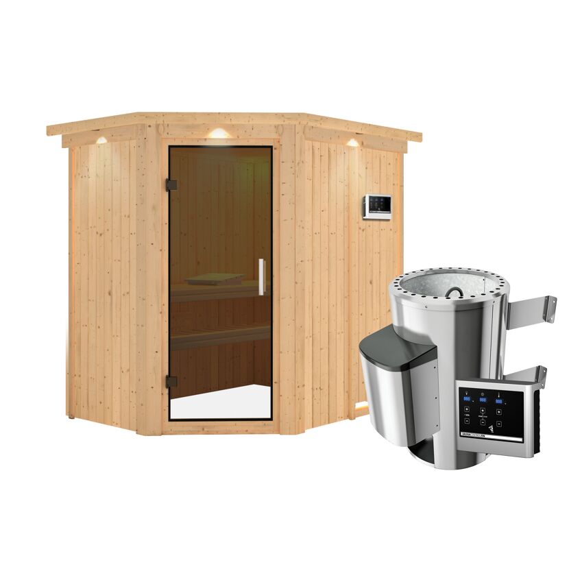 Eck-Sauna aus Holz mit Saunaofen