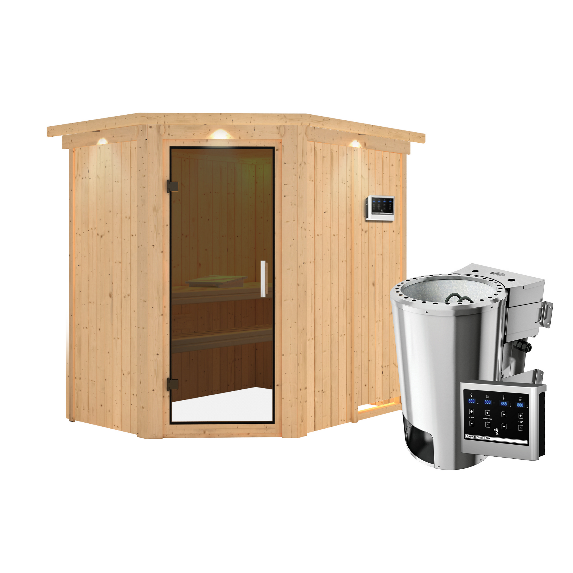 Eck-Sauna aus Holz mit Saunaofen und Steuergerät