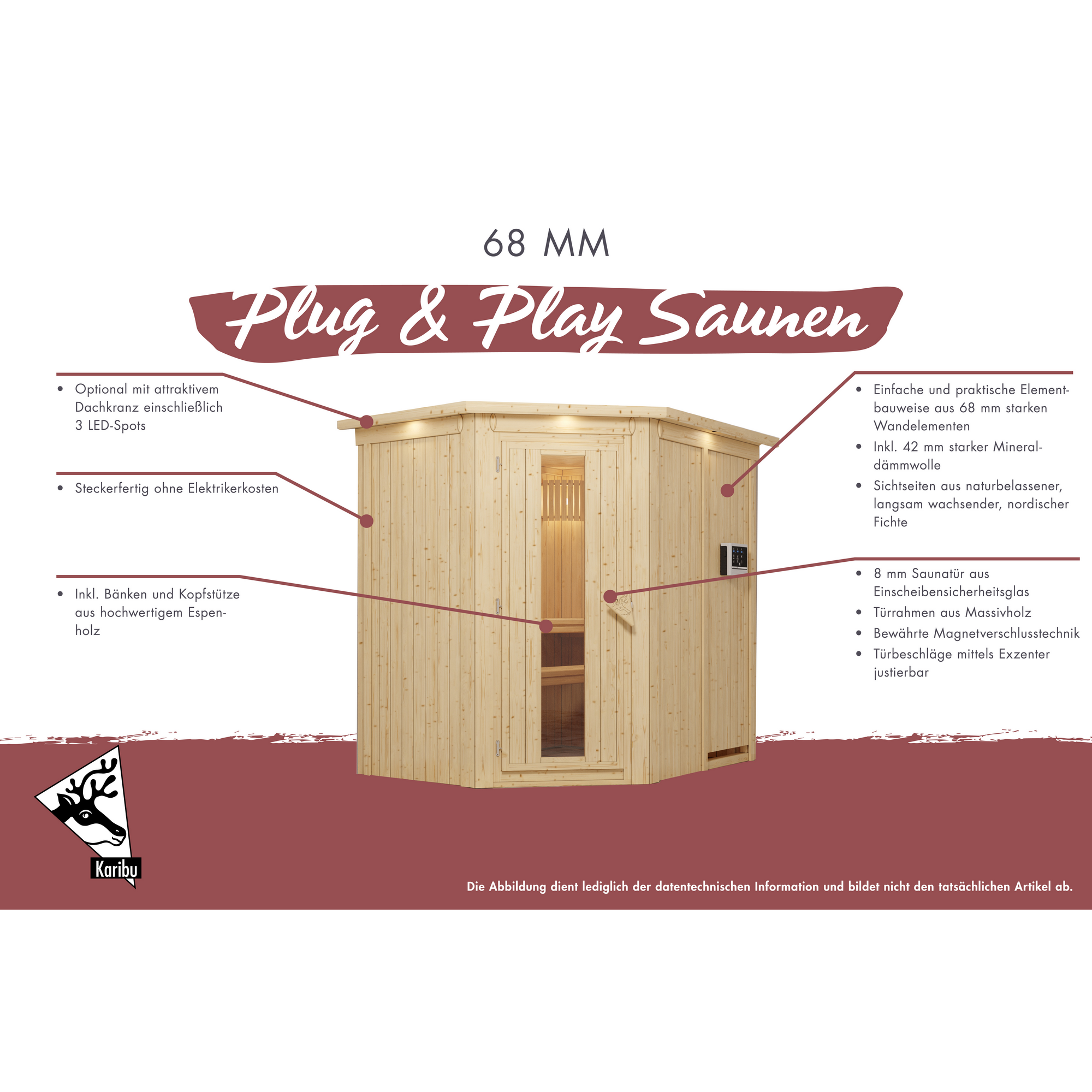 Elementsauna 'Carlota' naturbelassen mit Klarglastür 151 x 196 x 198 cm
