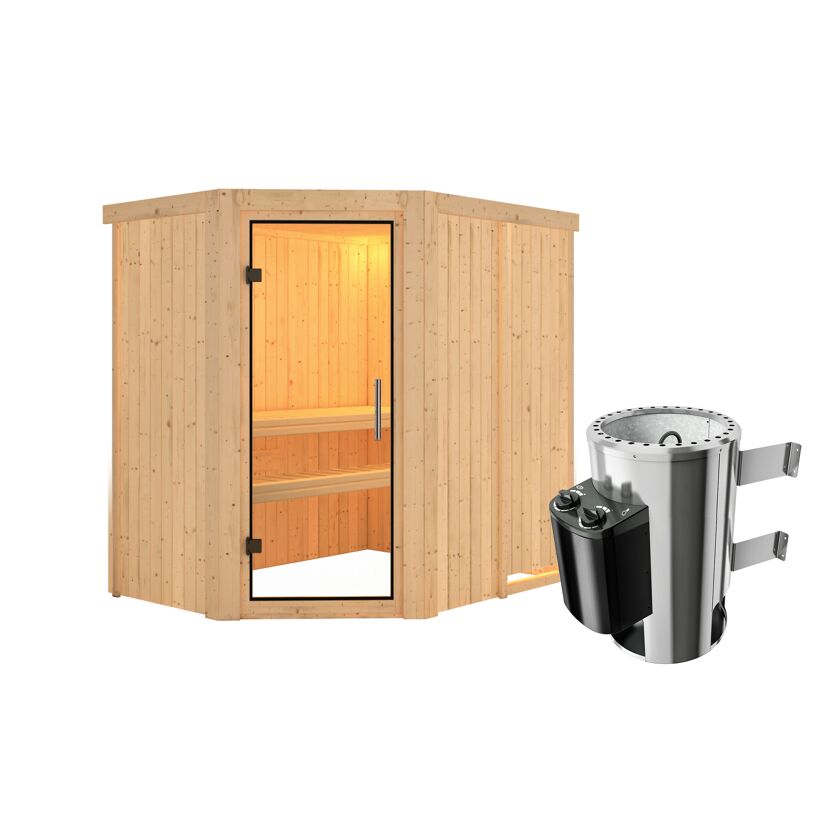 Elementsauna 'Carlota' naturbelassen mit Klarglastür 3,6 kW Ofen integrierte Steuerung 151 x 196 x 198 cm