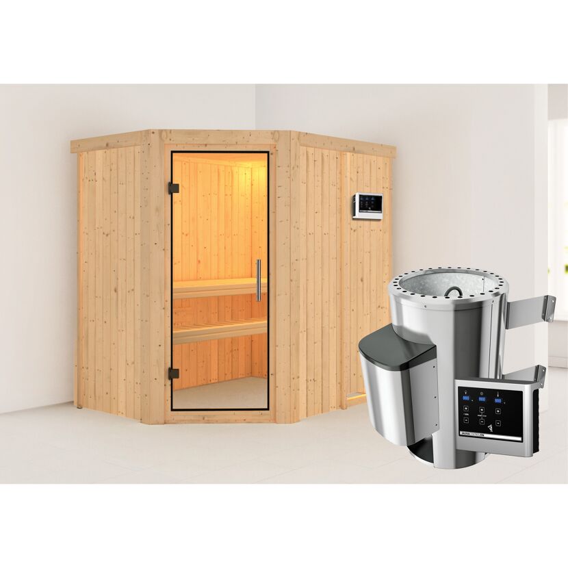 Ecksauna aus Holz mit Saunaofen