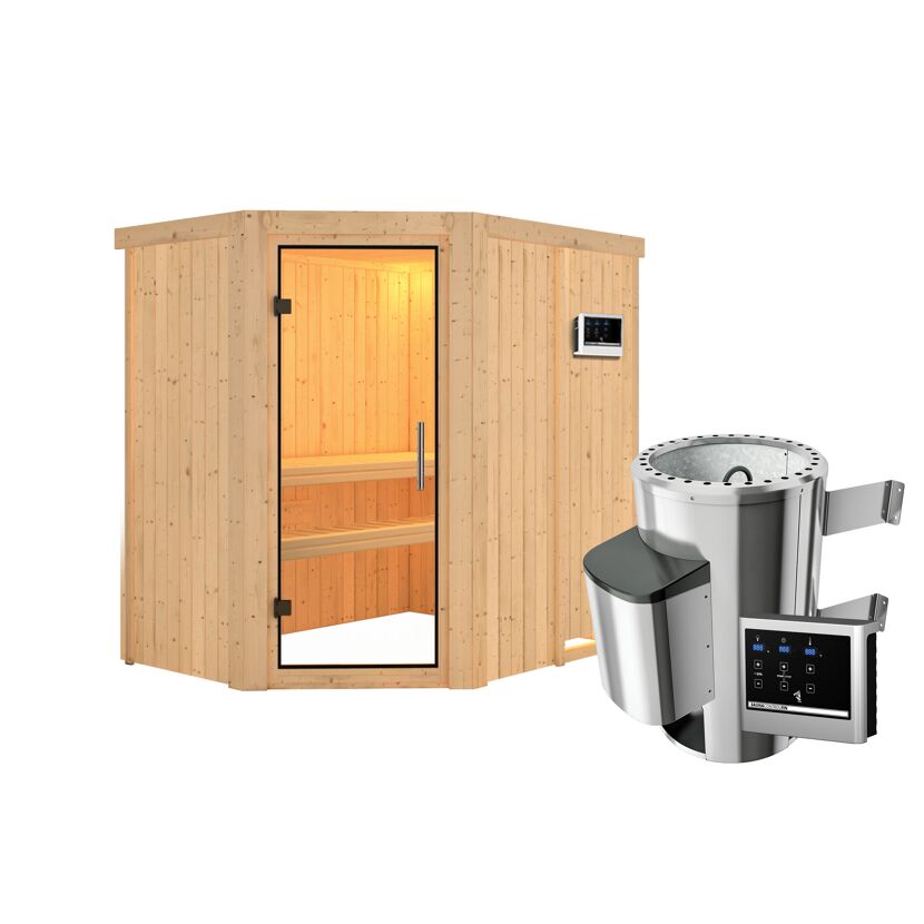 Eck-Sauna Carlota aus Holz mit Saunaofen