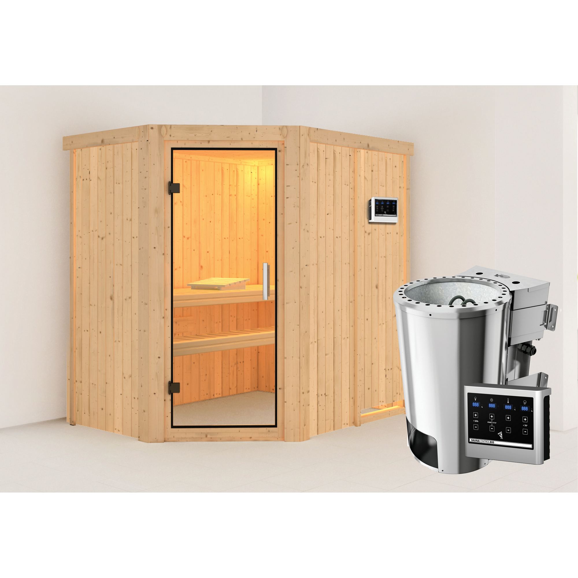 Elementsauna 'Carlota' naturbelassen mit Klarglastür 3,6 kW Bio-Ofen externe Steuerung Easy 151 x 196 x 198 cm + product picture