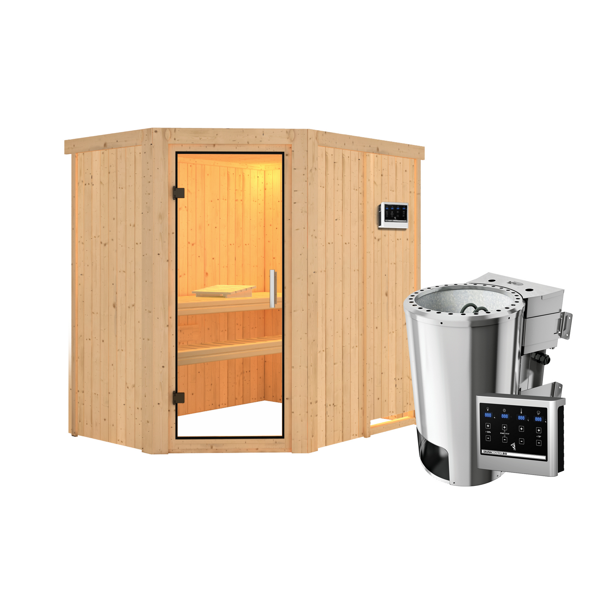 Elementsauna 'Carlota' naturbelassen mit Klarglastür 3,6 kW Bio-Ofen externe Steuerung Easy 151 x 196 x 198 cm + product picture