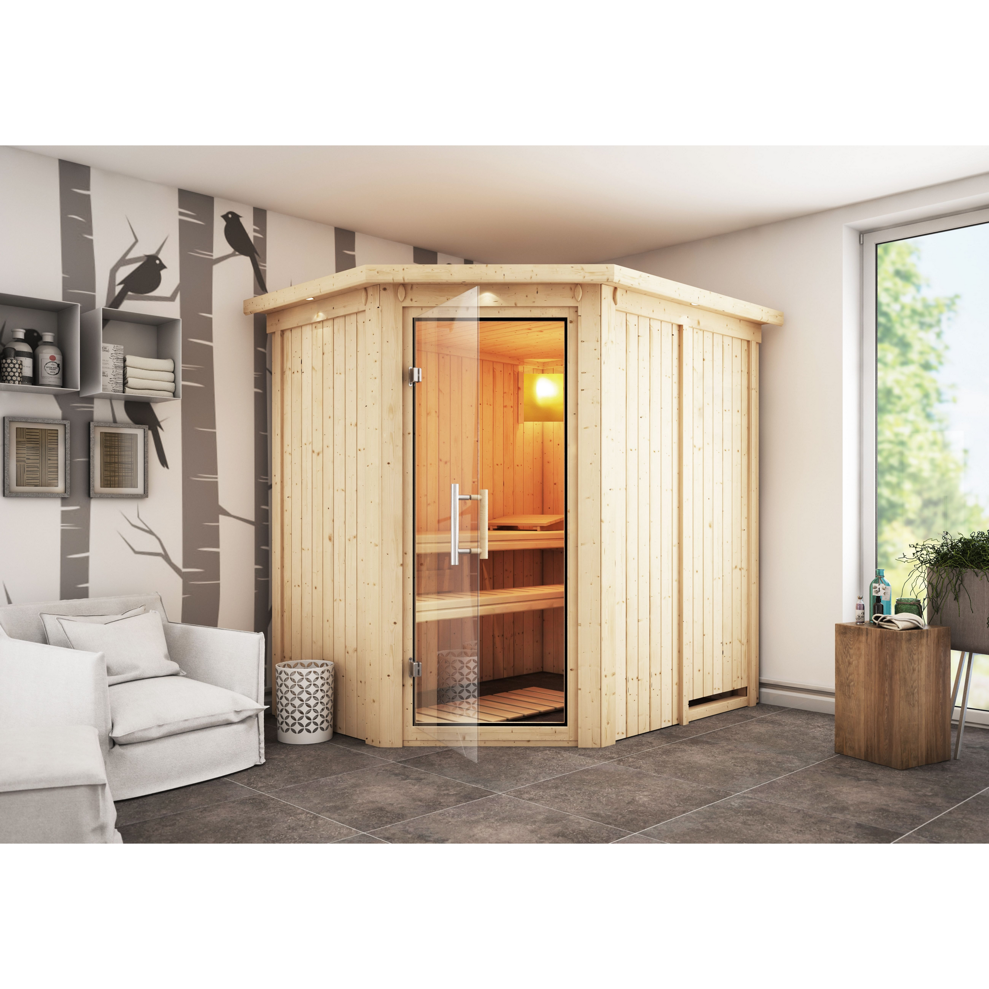 Elementsauna 'Carlota' naturbelassen mit Kranz und Klarglastür 165 x 210 x 202 cm + product picture