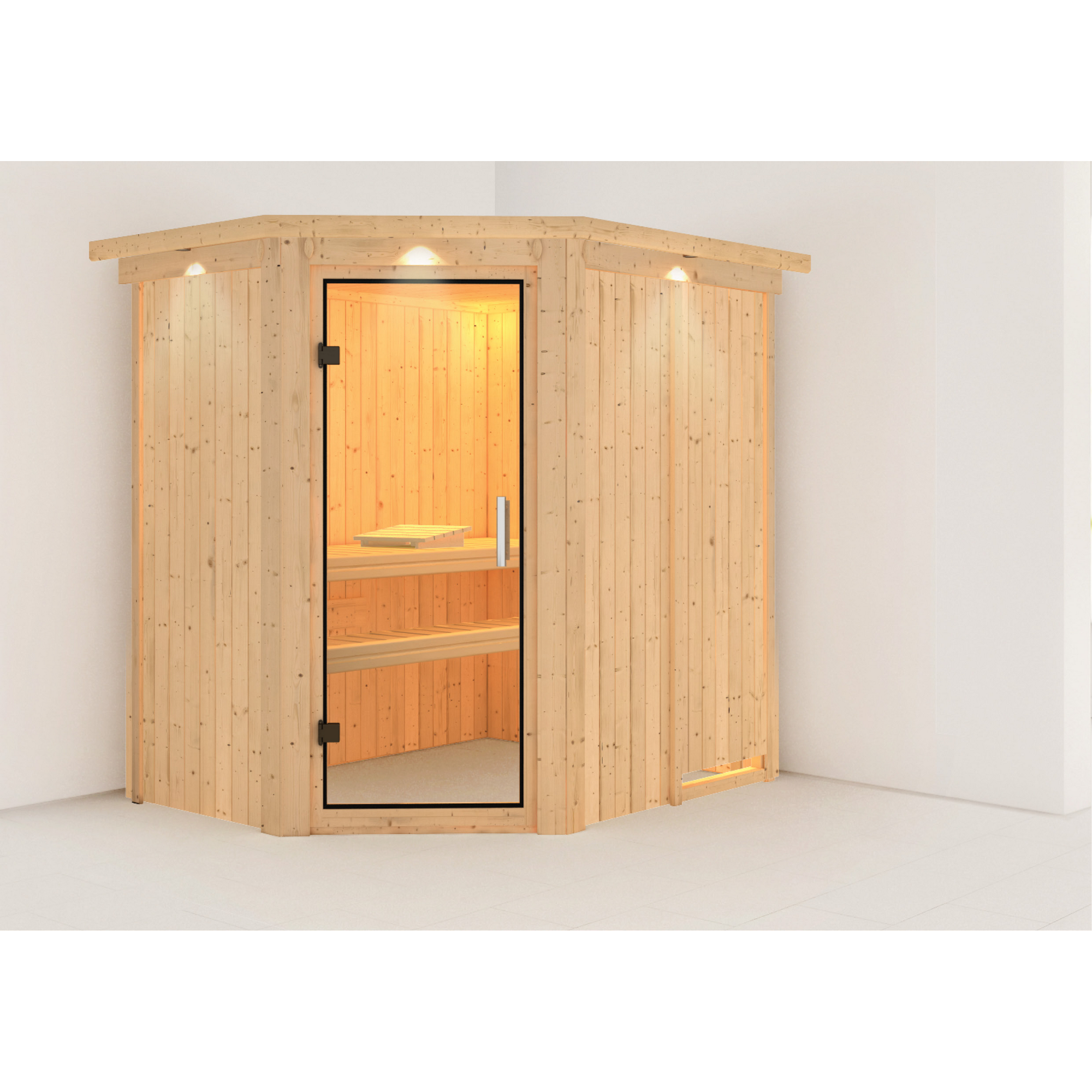 Elementsauna 'Carlota' naturbelassen mit Kranz und Klarglastür 165 x 210 x 202 cm + product picture