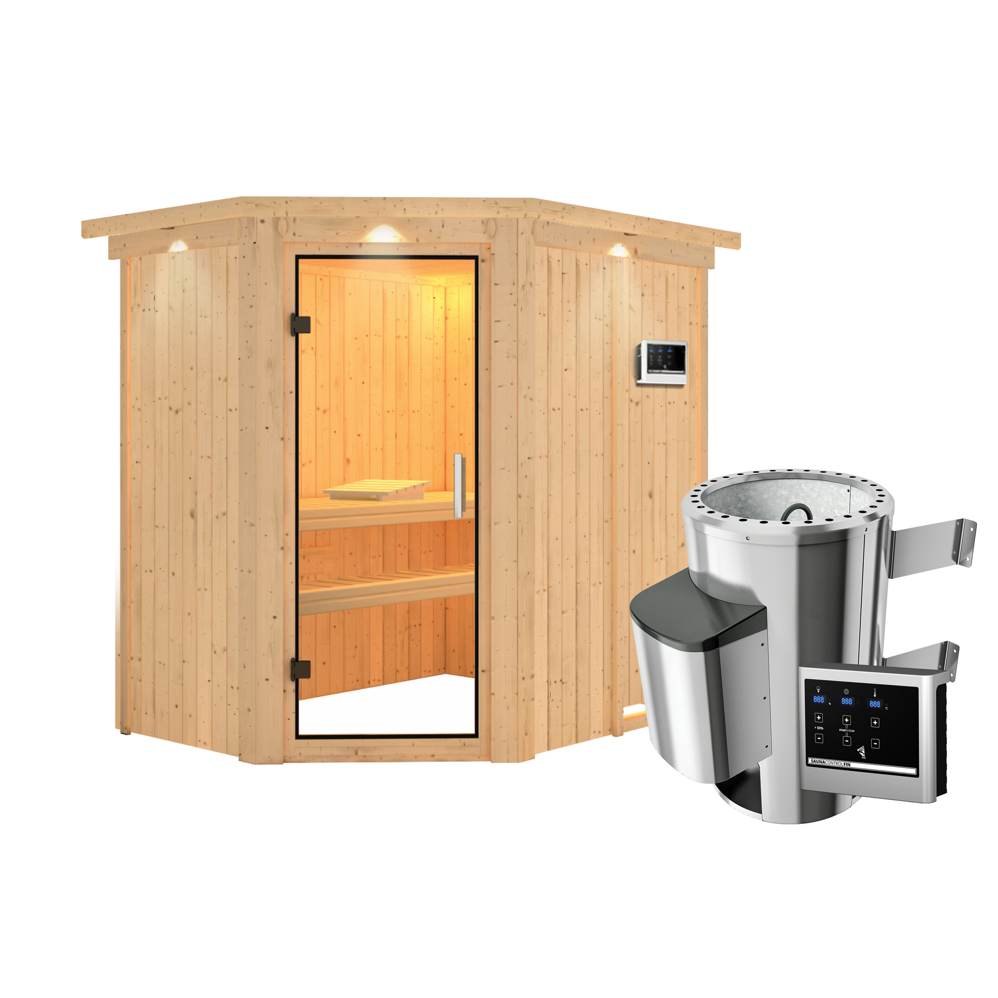 Elementsauna 'Carlota' naturbelassen mit Kranz und Klarglastür 3,6 kW Ofen externe Steuerung Easy 165 x 210 x 202 cm