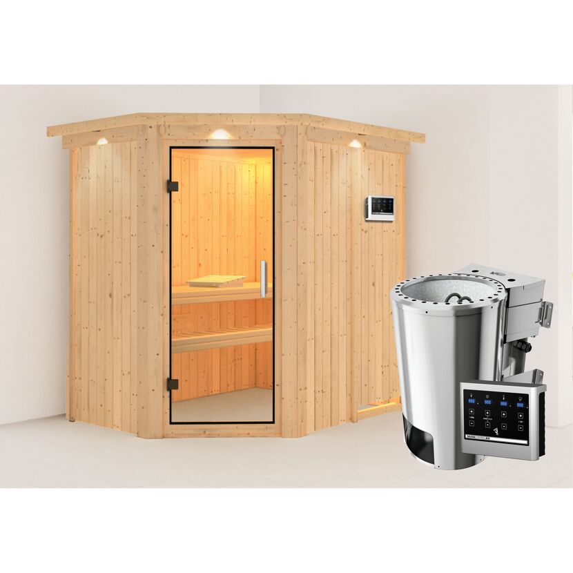 Eck-Sauna aus Holz mit Saunaofen