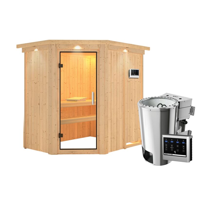 Eck-Sauna aus Holz mit Saunaofen