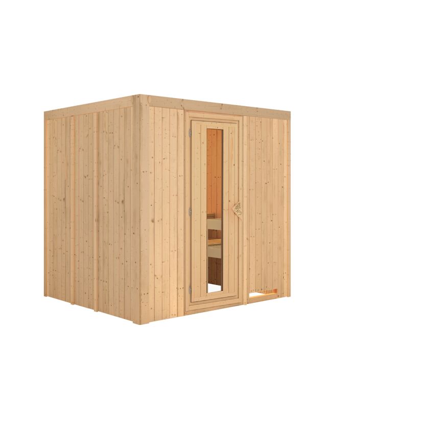 Sauna aus hellem Holz mit geöffneter Tür