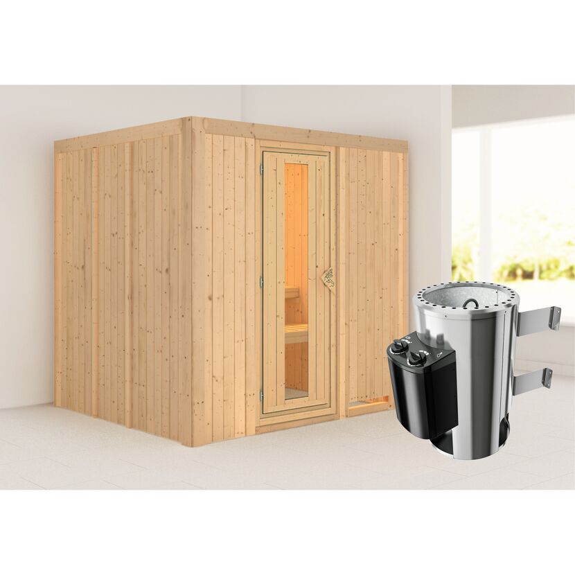 Elementsauna 'Carmen' naturbelassen mit Energiespartür 3,6 kW Ofen integrierte Steuerung 196 x 170 x 198 cm