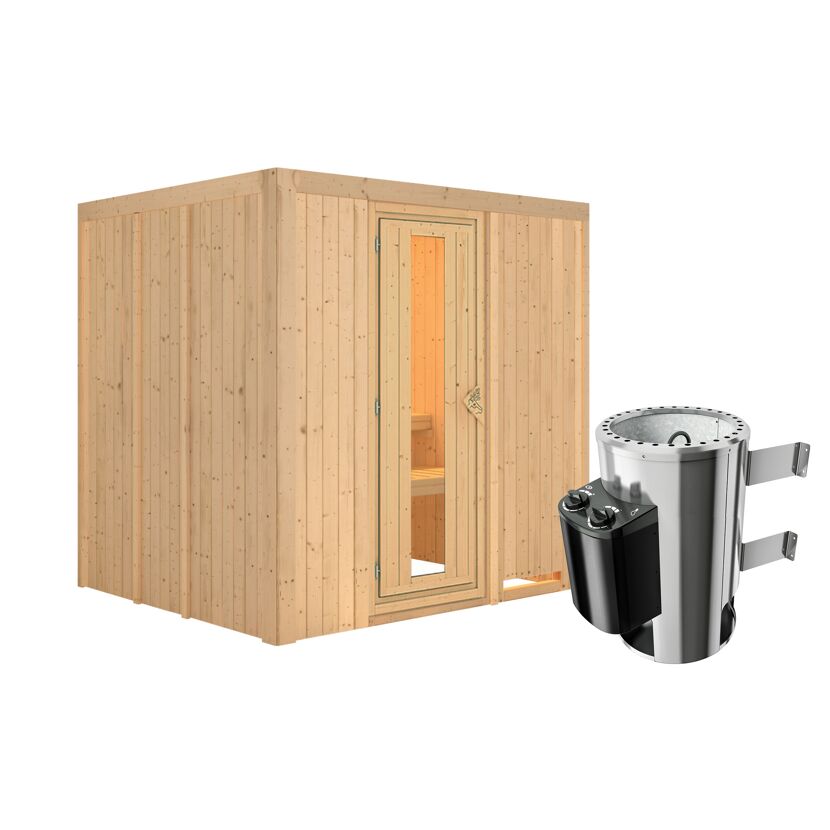 Elementsauna 'Carmen' naturbelassen mit Energiespartür 3,6 kW Ofen integrierte Steuerung 196 x 170 x 198 cm