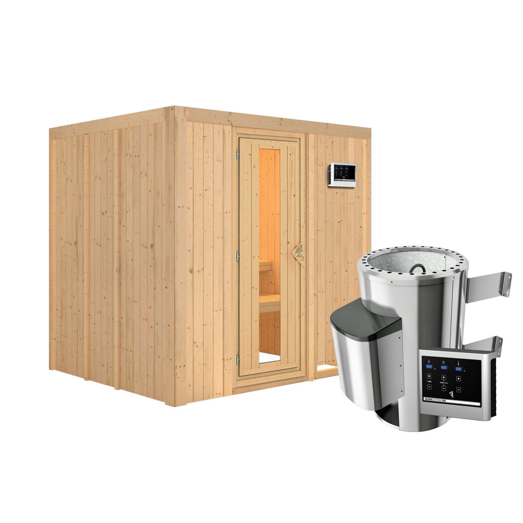 Elementsauna 'Carmen' naturbelassen mit Energiespartür 3,6 kW Ofen externe Steuerung Easy 196 x 170 x 198 cm