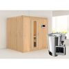 Sauna aus hellem Holz mit Saunaofen