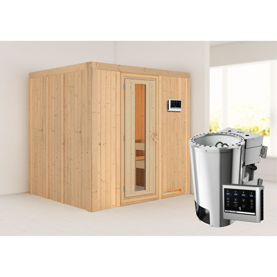 Sauna aus hellem Holz mit Saunaofen