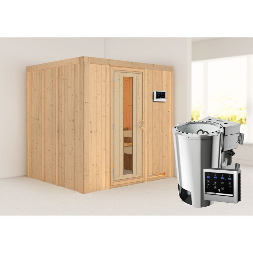 Sauna aus hellem Holz mit Saunaofen