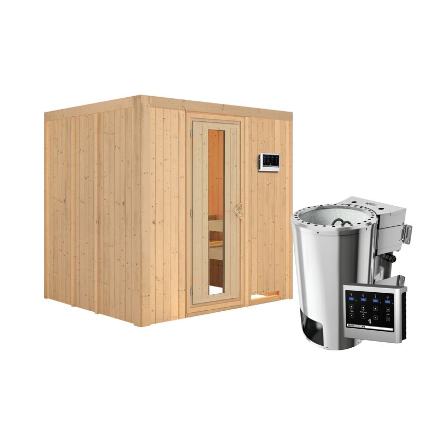 Außenansicht einer Sauna aus Holz mit Saunaofen.