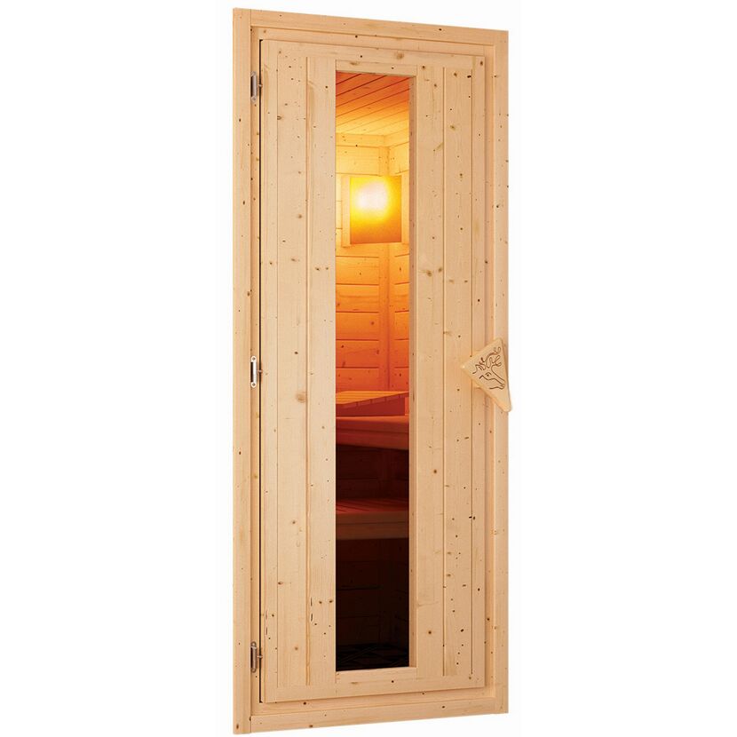 Saunatür Carmen aus hellem Holz mit Glaseinsatz.