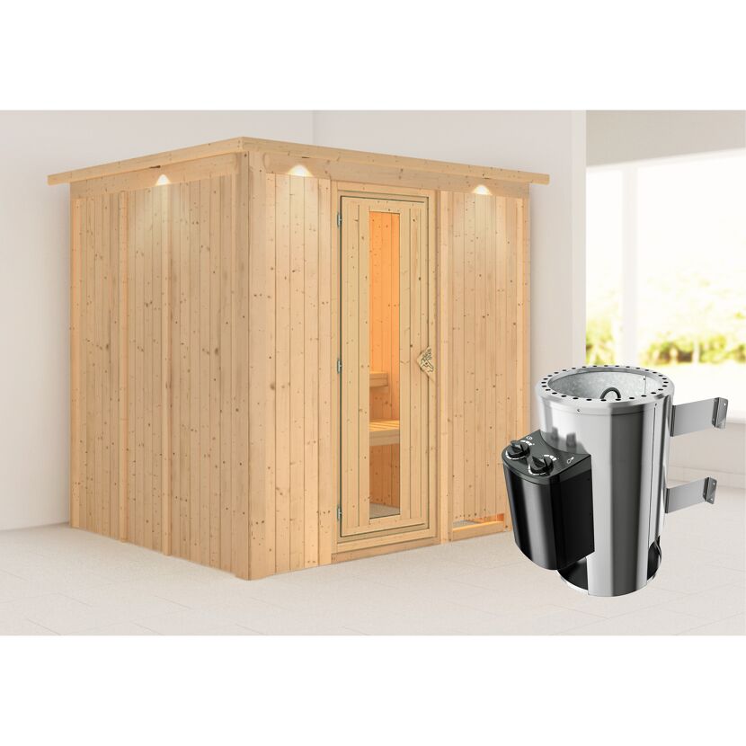 Sauna aus hellem Holz mit Saunaofen