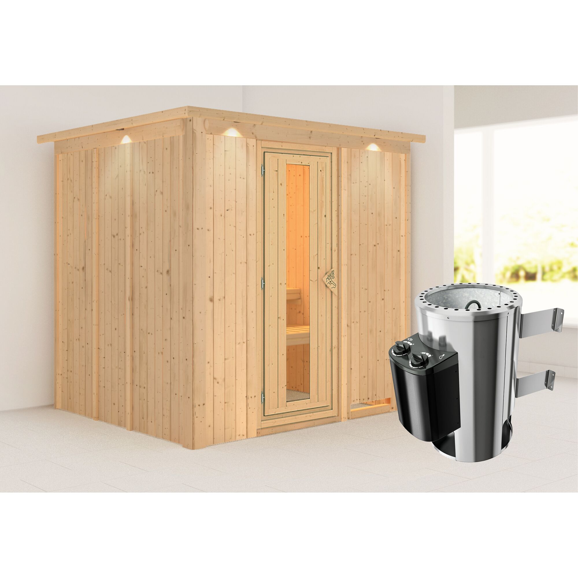 Sauna aus hellem Holz mit Saunaofen