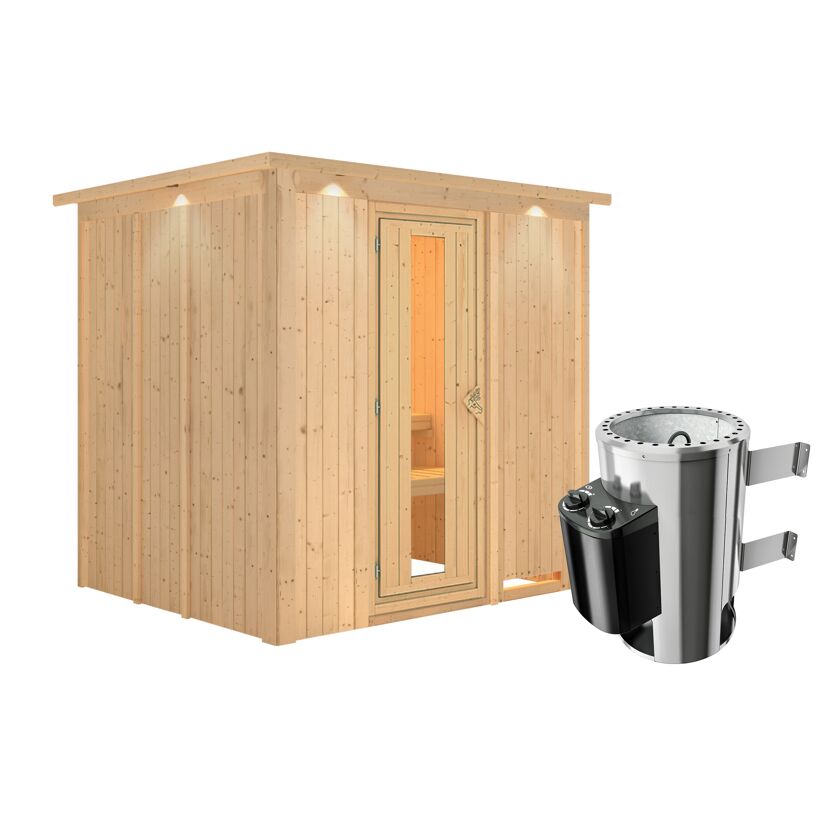 Saunahaus aus Holz mit Saunaofen