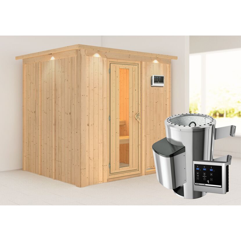 Elementsauna 'Carmen' naturbelassen mit Kranz und Energiespartür 3,6 kW Ofen externe Steuerung Easy 210 x 184 x 202 cm