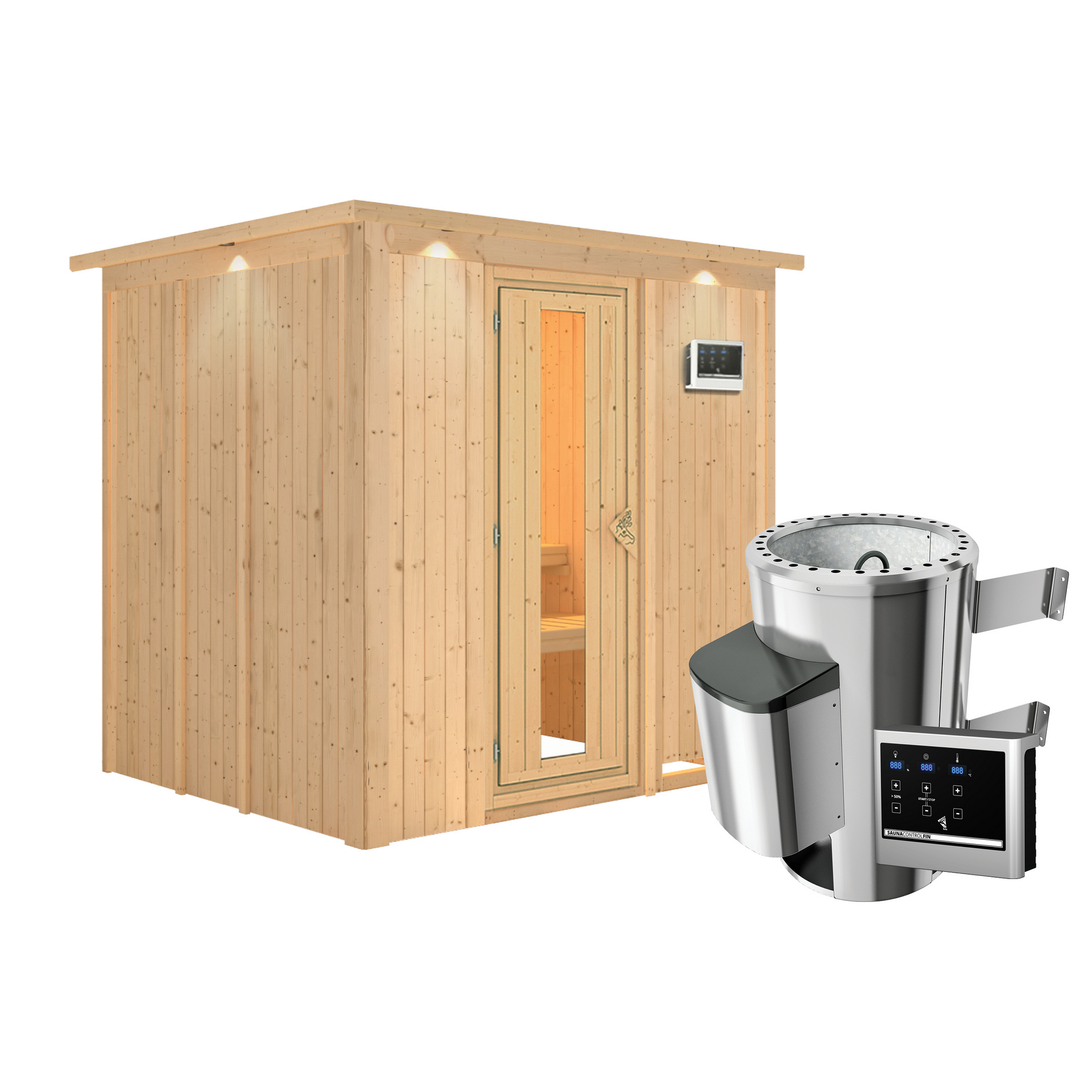 Elementsauna 'Carmen' naturbelassen mit Kranz und Energiespartür 3,6 kW Ofen externe Steuerung Easy 210 x 184 x 202 cm