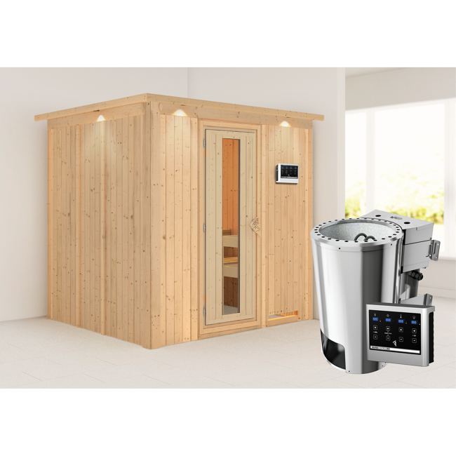 Bild von Elementsauna 'Carmen' naturbelassen mit Kranz und Energiespartür 3,6 kW Bio-Ofen externe Steuerung Easy 210 x 184 x 202 cm