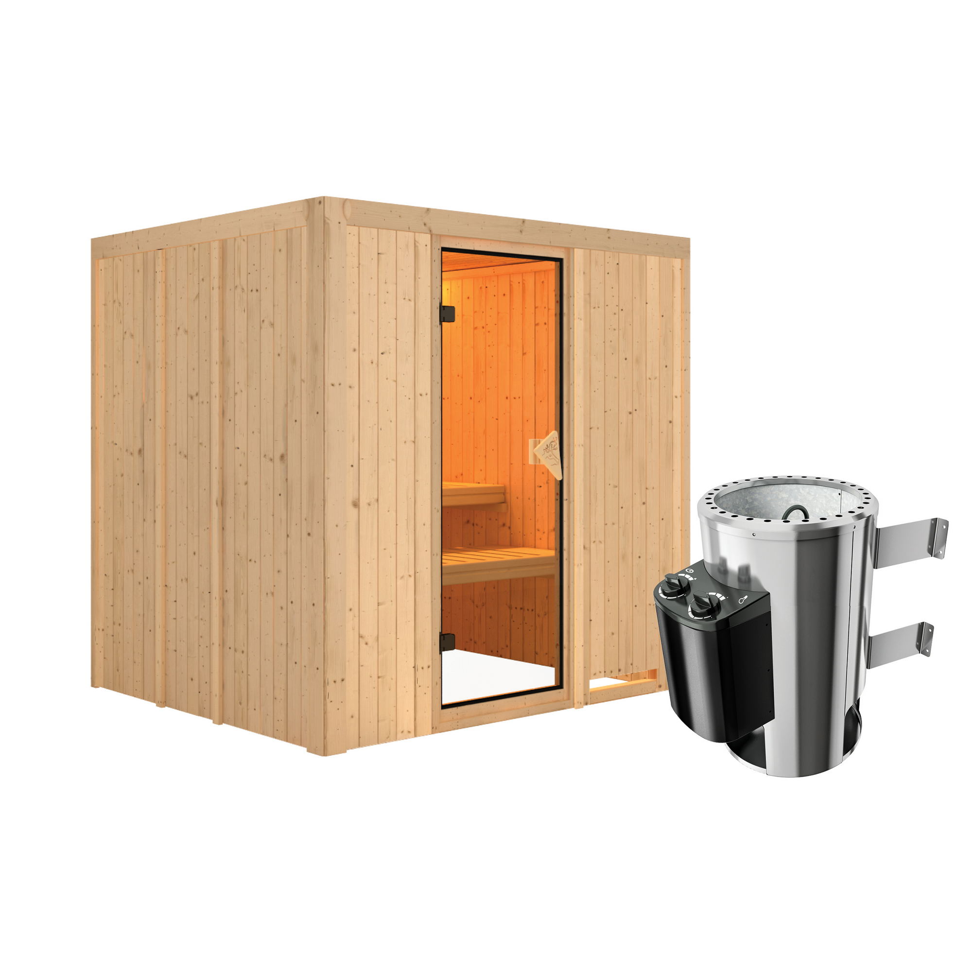 Elementsauna 'Carmen' naturbelassen mit bronzierter Tür 3,6 kW Ofen integrierte Steuerung 196 x 170 x 198 cm