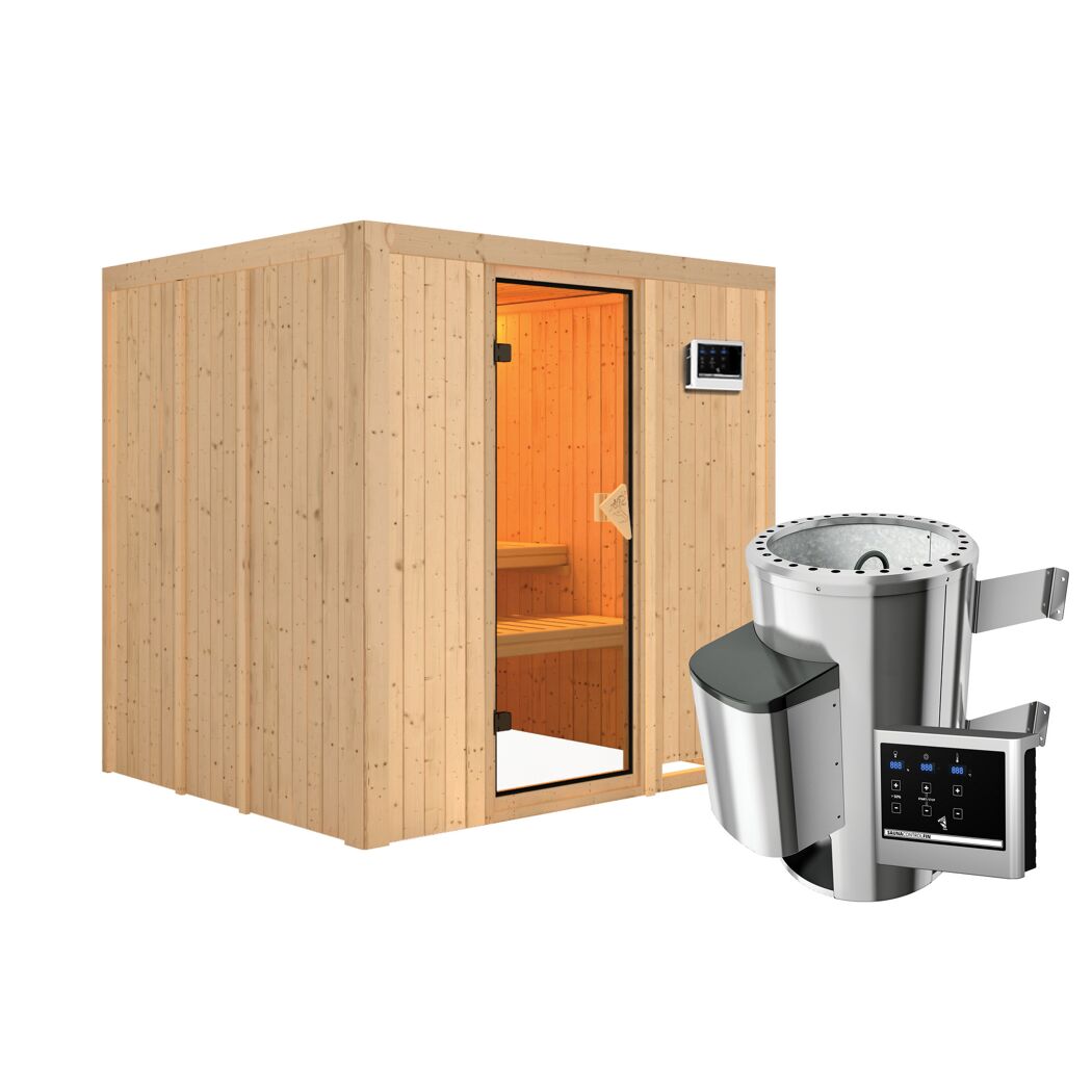 Elementsauna 'Carmen' naturbelassen mit bronzierter Tür 3,6 kW Ofen externe Steuerung Easy 196 x 170 x 198 cm