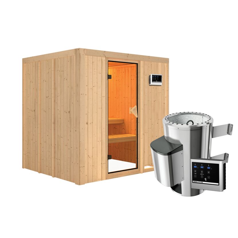 Elementsauna 'Carmen' naturbelassen mit bronzierter Tür 3,6 kW Ofen externe Steuerung Easy 196 x 170 x 198 cm