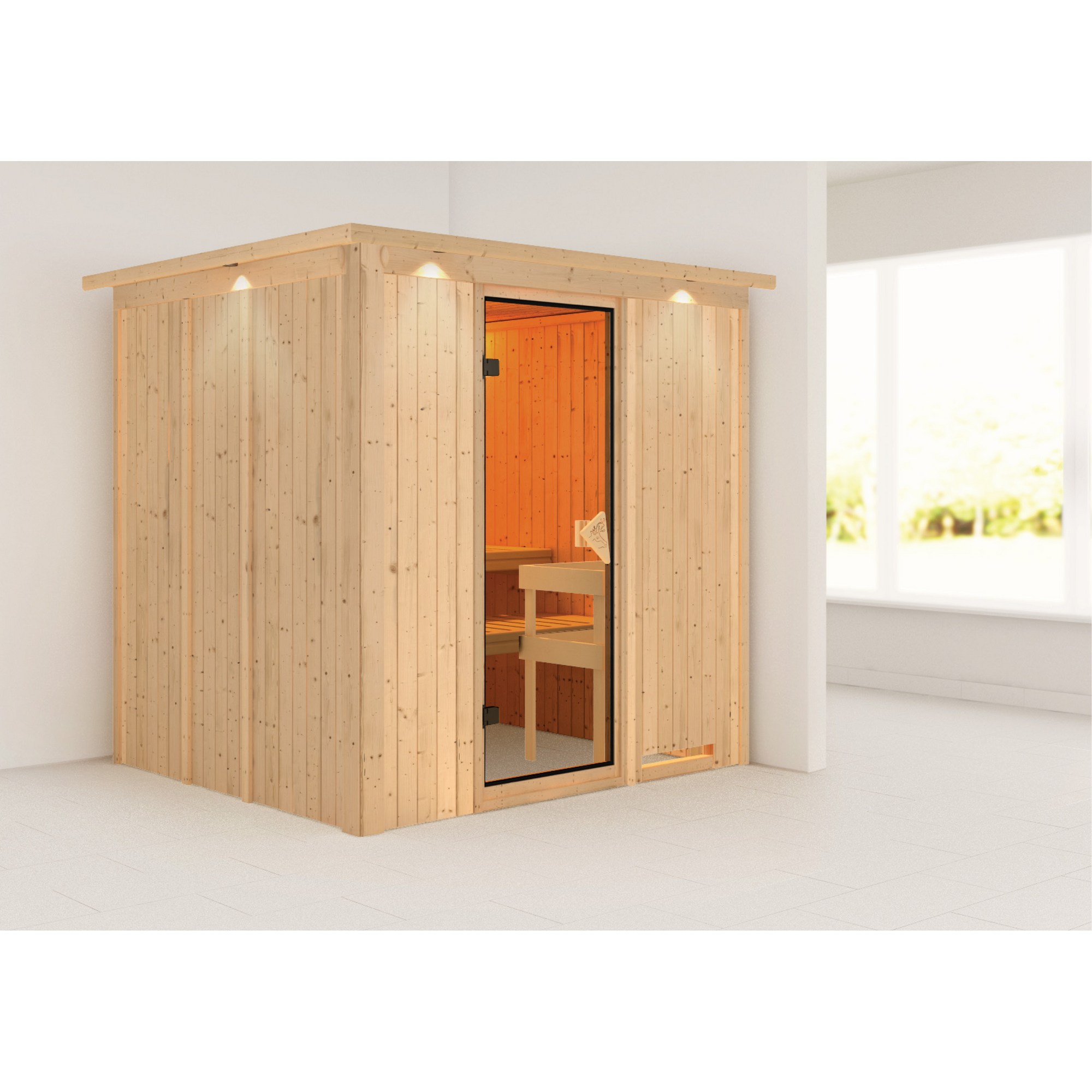 Elementsauna 'Carmen' naturbelassen mit Kranz und bronzierter Tür 210 x 184 x 202 cm
